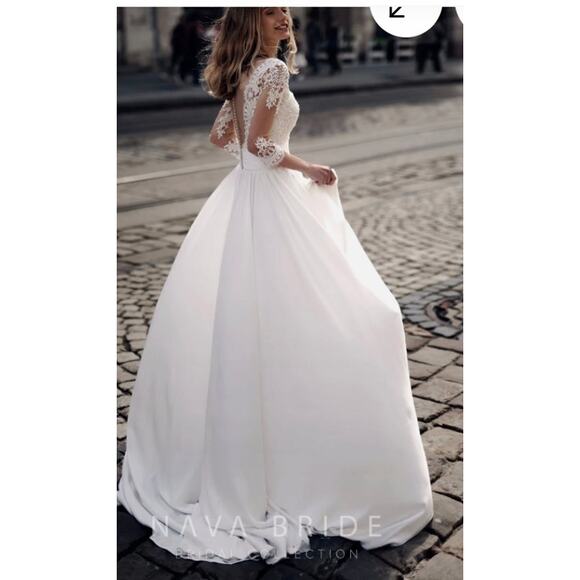 Nava Bride Wedding Dress Lace v-necklace 3/4 Sleeve, Vintage Inspired Sz 12 NWT! - Picture 4 of 9